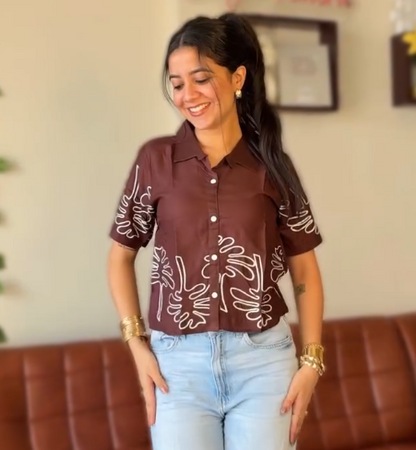 Hot Pink Tropical Palm Embroidered Cotton Shirt