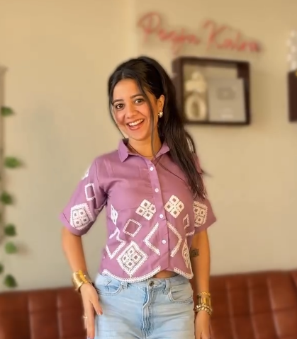 Hot Pink Tropical Palm Embroidered Cotton Shirt