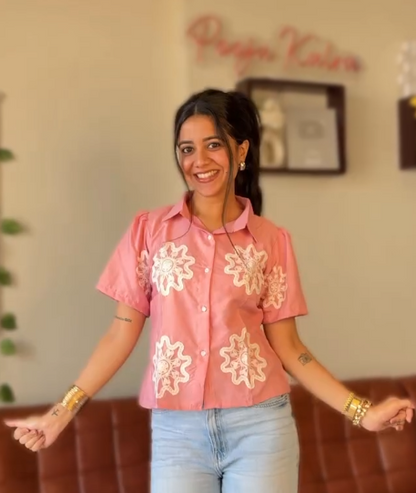 Hot Pink Tropical Palm Embroidered Cotton Shirt