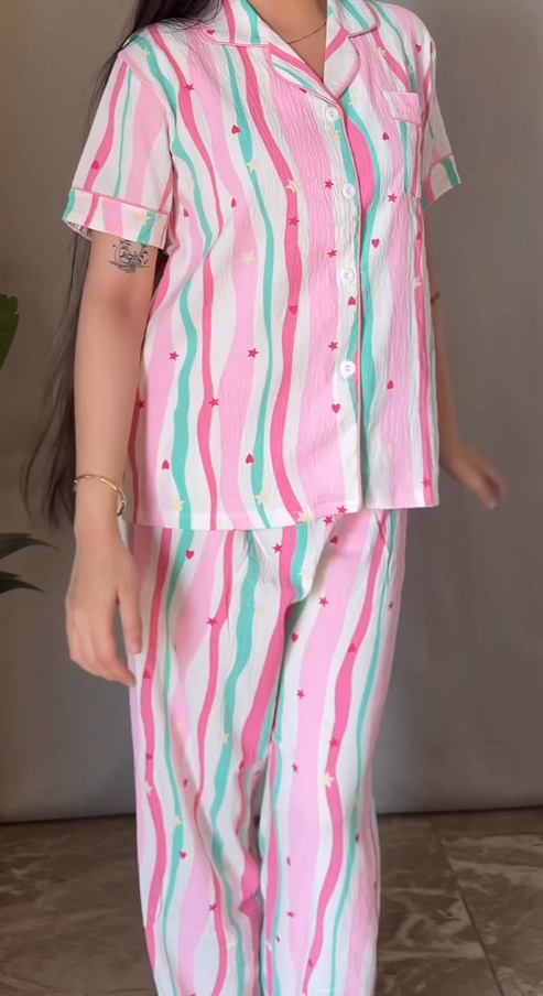 Candy Stripe Heart & Star Print Cotton Nightsuit Set