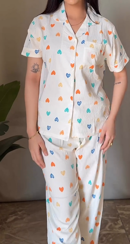 Candy Stripe Heart & Star Print Cotton Nightsuit Set