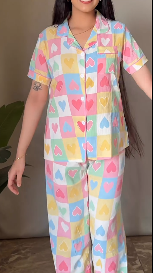 Candy Stripe Heart & Star Print Cotton Nightsuit Set