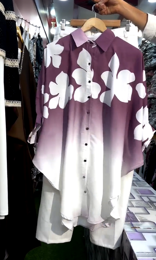 Elegant Ombre Floral Shirt & White Pant Co-Ord Set | Trendy Casual & Party Wear Outfit