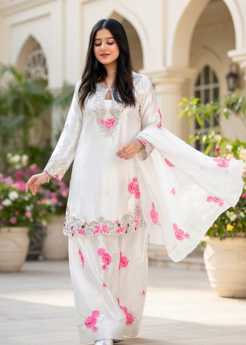 Luxury White Floral Embroidered Kurta Set with Dupatta | Elegant Festive & Party Wear
