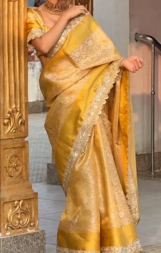 Royal Golden Silk Saree with Rich Embroidery Border | Elegant Wedding & Festive Wear