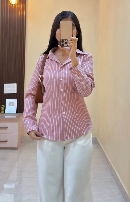 Casual Pink Striped Shirt with White Pants | Smart Everyday & Office Wear Outfit
